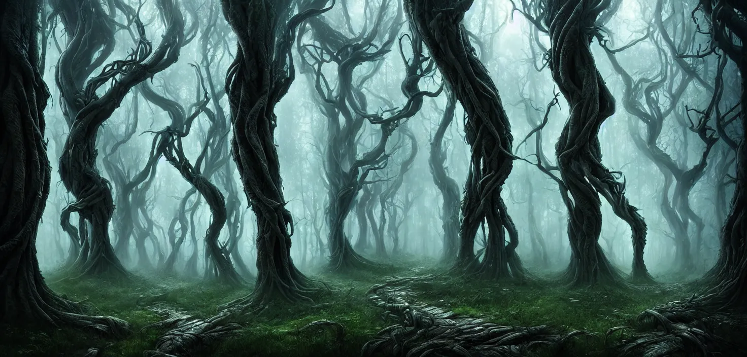 Image similar to scary fairy tale mystical forest twisted creepy trees magical forest landscape artwork trees near the path amazing nature, surreal, dreamlike, lucid dream, very detailed, perfect lighting, perfect composition, 4 k, artgerm, derek zabrocki, greg rutkowski