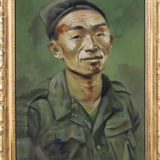 Prompt: oil portrait of a battered Japanese soldier with a weak smile, wearing a ragged uniform and a dark green cap, painting