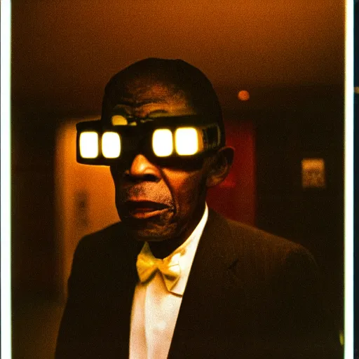 Image similar to old black man in tokyo at night, wearing ski goggles, cinestill 8 0 0,