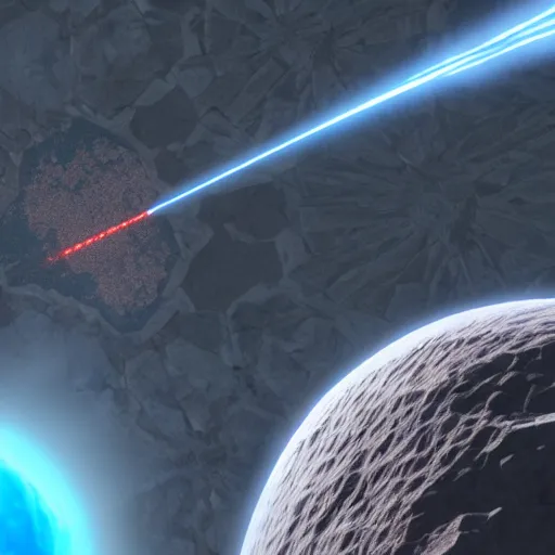 Image similar to orbital laser strike destroying a mountain viewed from the surface, 4K render
