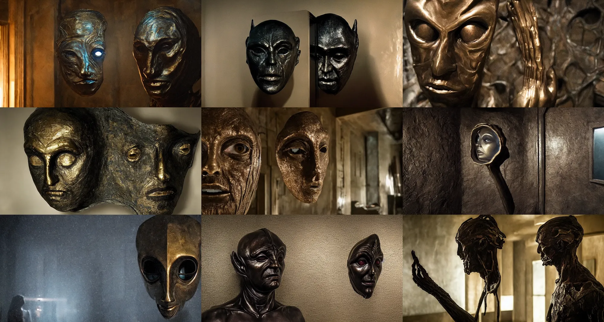 Prompt: the portrait of the dark creature in bronze mask inside the room without doors and windows | interstellar movie by ridley scott with cinematogrophy of christopher doyle and art direction by hans giger, anamorphic bokeh and lens flares, 8 k, higly detailed masterpiece