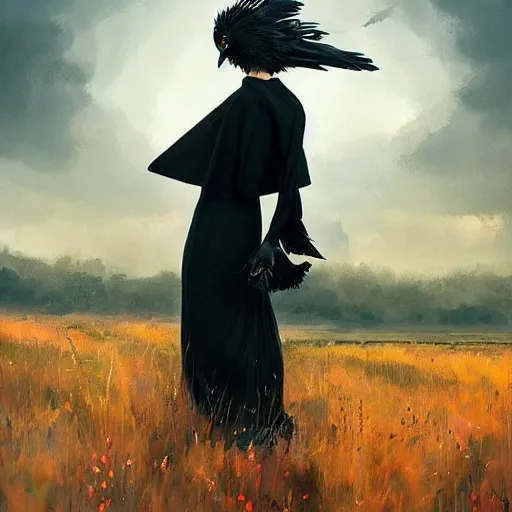 Image similar to morning, a woman in a black dress with a raven head. no face. sun, cinematic, clouds, vogue cover style, contracting colors mood, realistic painting, intricate oil painting, high detail, figurative art, poster art, by simon bisley, ismail inceoglu, wadim kashin, filip hodas. pixar theme.