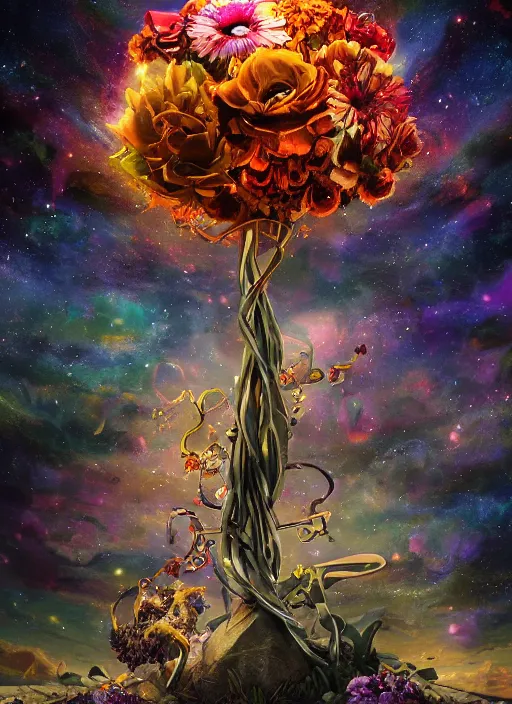 Image similar to An epic fantastic realism comic book style painting of the most beautiful entwined flowers launched across the dark and starry night sky, nebulous bouquets, fisheye lens, unreal 5, DAZ, hyperrealistic, octane render, dynamic lighting