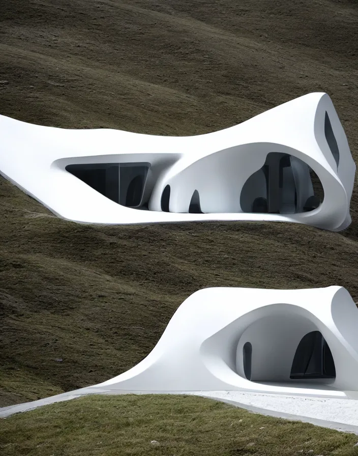 Prompt: zaha hadid 3 d construction printed house on the mountain, soft light