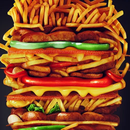 Prompt: a portrait of a person made out of hot dogs, hamburgers, and french fries. surreal. hyper realistic. photography. 4 k. hyper detail. very realistic.