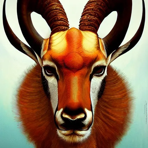 Image similar to a dramatic head portrait of a antelope in tiger skin, cinematic lighting, symmetric face by karol bak, christopher balaskas