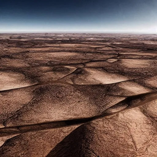 Image similar to climate catastrophe dystopian draught wide angle landscape skeletons desert dark 4 k