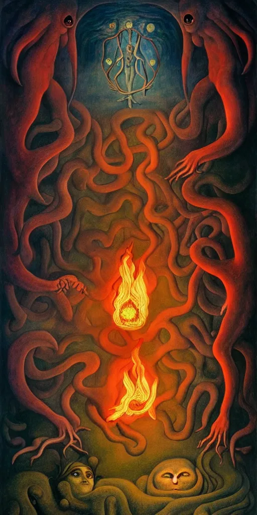 Image similar to mythical creatures and monsters in the visceral anatomical human heart imaginal realm of the collective unconscious, in a dark surreal painting by johfra, leonora carrington and ronny khalil, dramatic lighting fire glow