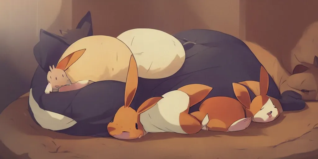 Prompt: a chubby eevee pokemon sleeping on a couch cushion, slanted lighting from window, dust motes in air, cozy vibe, high angle shot, fine details, artwork by ross tran and ilya kuvshinov