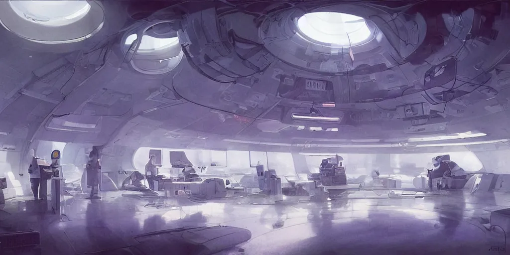 Image similar to circular spaceship medic room laboratory , humans working, thick mist, low ceiling, cables hanging from ceiling, thick cables on ground, god rays of light, huge computer screens, neons, saturated top light , epic scene, scifi, illustration, art by Juan Giménez and moebius