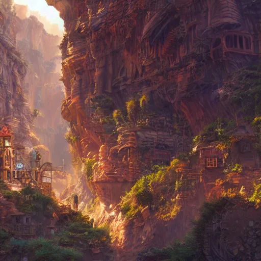 Image similar to an intricate steampunk village in a glorius canyon, morning light, moebius, zeen chin, landscape, cinematic, matte painting, high definition, 8 k, artstation