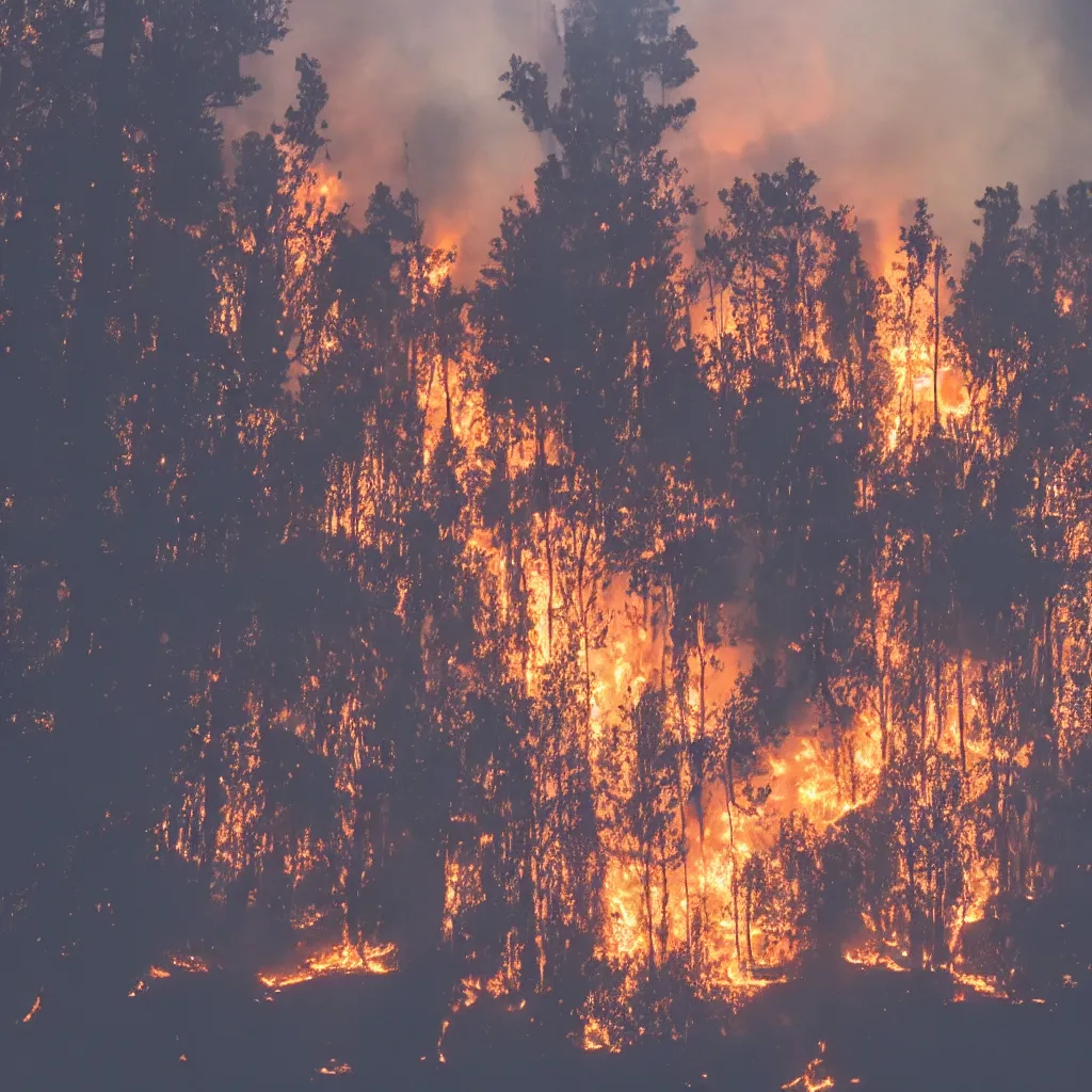 Prompt: close - up or a young influencer dances in front of a huge forest fire, smoke, tik tok style