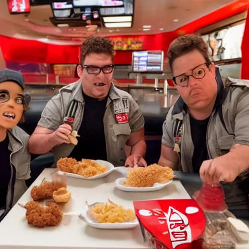 Image similar to the ghostbuster crew eating at kfc