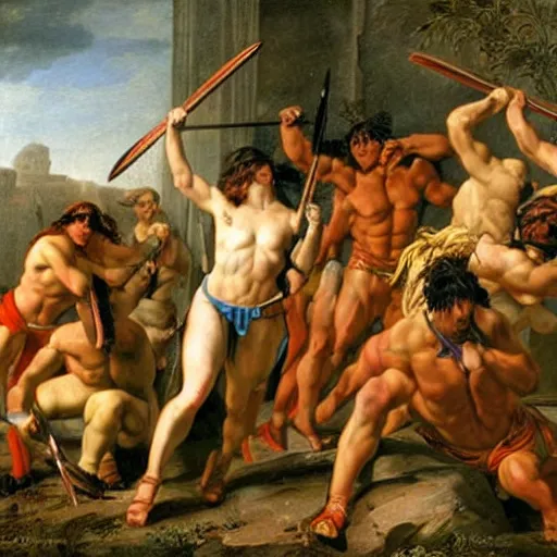 Image similar to muscular warrior women, amazonian warrior women, women fighting men, muscular men, spartan warrior men, clashing in bloody field, art by jacques - louis david