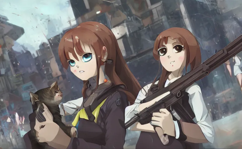 Image similar to a girl in her school uniform holding a shotgun with a cat next to her, epic apocalyptic city, slice of life anime wallpaper, digital art, 4k ultra