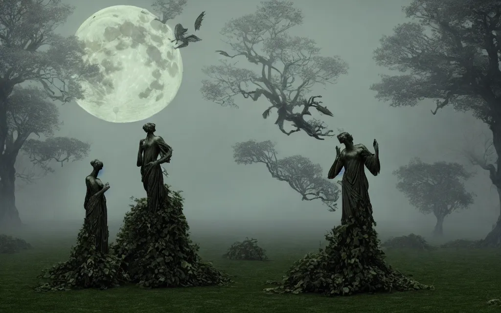 Prompt: statues of standing angels with anguished eyes and folded hands, wings, covered with ivy, placed on a lawn, night, full moon, fog, dramatic atmosphere, highly detailed, cinematic lighting, perfect composition, 4 k, gustave dore, derek zabrocki, greg rutkowski, belsinski, octane render