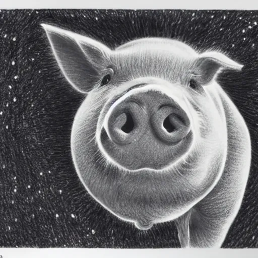 Image similar to pig face from nebula space, higher realistic, detailed, pencil drawing