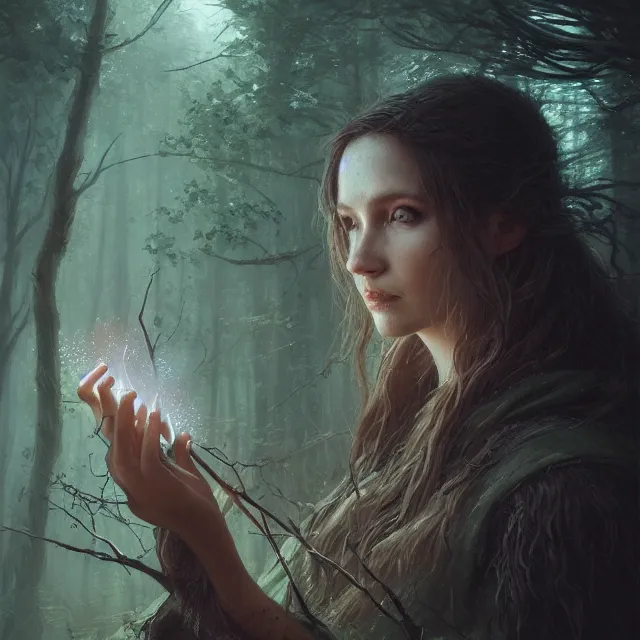 Prompt: close up portrait of a beautiful female witch casting a spell, magical forest background fantasy atmosphere. art by greg rutkowski. highly detailed, intricate, lifelike. sci - fi, fantasy, magical, nikon d 8 5 0.