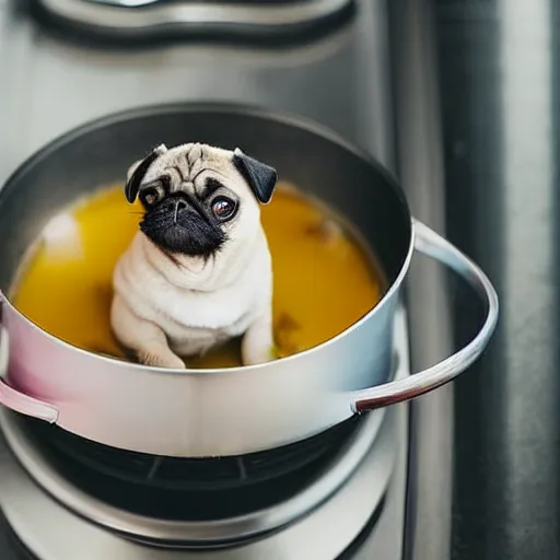 Prompt: An adorable pug sitting in a pot of soup on top of a stove, high resolution photograph