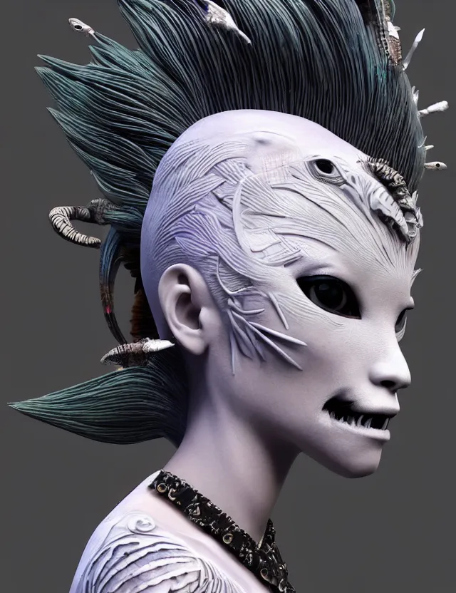 Image similar to 3 d goddess close - up profile simple portrait punk with mohawk with goat skull. beautiful intricately detailed japanese crow kitsune mask and clasical japanese kimono. betta fish, jellyfish phoenix, bio luminescent, plasma, ice, water, wind, creature, artwork by tooth wu and wlop and beeple and greg rutkowski