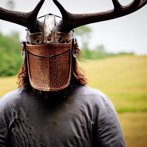 Prompt: a head and shoulders action portrait photo of a knight in an antlered helmet