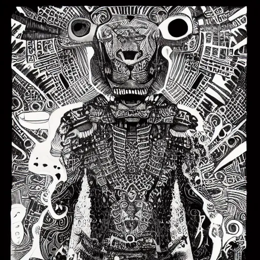 Prompt: b & w illustration of mayan jaguar warrior, resolved, showing conviction or humor by a gloomy silence or reserve, by studio multi and victo ngai, malika favre, william s burroughs, cut up film