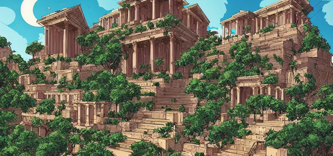 Image similar to Greek temple with hanging gardens in the graphic style of Patrick Gleason and SANA TAKEDA, detailed art, trending on Artstation, sharp focus, Beautiful comic art