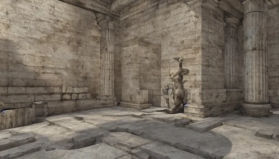 Image similar to Ancient Greek underground temple with a statue of a minotaur in the center of the room, hyperdetailed, artstation, cgsociety, 8k