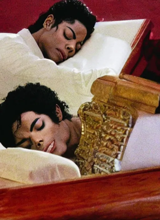 Image similar to photo still of michael jackson asleep inside a casket, full-shot, 4k