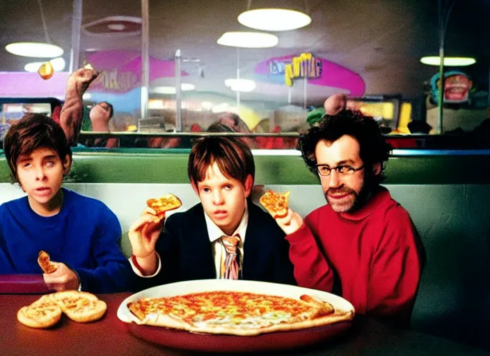 Prompt: portrait of charlie kaufman eating pizza at chuck - e - cheese, with felipe dieppa, and with vince peone, dramatic lighting, moody film still from being john malkovich ( 2 0 0 1 ), 3 5 mm kodak color stock, 2 4 mm lens, directed by spike jonze, ecktochrome