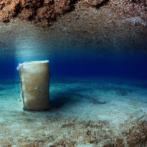 Image similar to an underwater photo of a battered fillet of cod lying on the seafloor