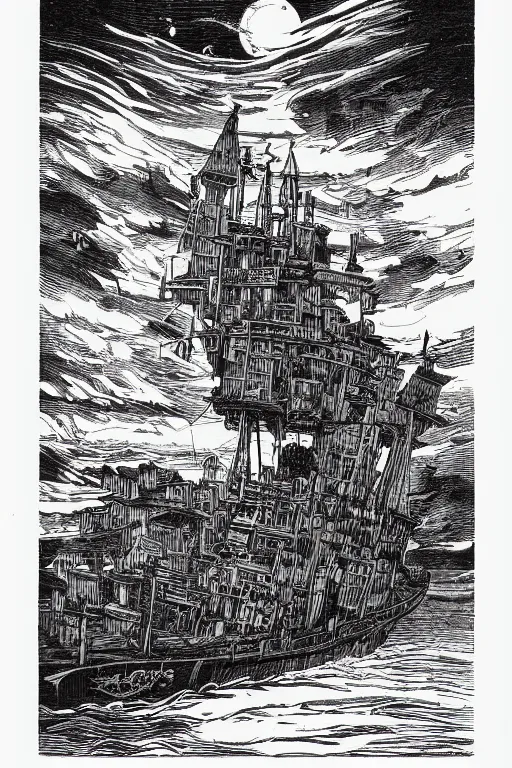 Image similar to 19th century wood-engraving of Howl's moving castle, whole page illustration from Jules Verne book, art by Édouard Riou Jules Férat and Henri de Montaut,, high quality, beautiful, highly detailed, removed watermarks