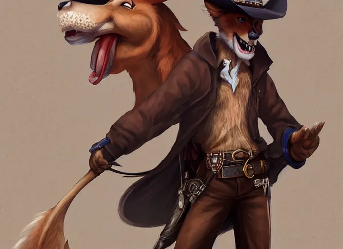 Image similar to character portrait feature of the anthro male anthropomorphic fursona wearing cowboy outfit wild west desperado character design stylized by charlie bowater, ross tran, artgerm, makoto shinkai, detailed, soft lighting, rendered in octane