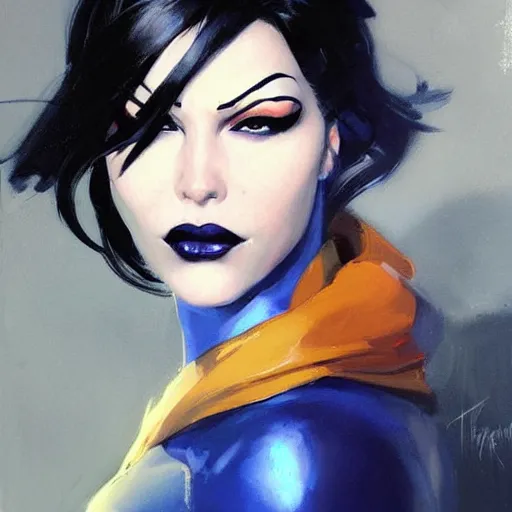 Image similar to greg manchess portrait painting of raven darkholme alias mystique as overwatch character, medium shot, asymmetrical, profile picture, organic painting, sunny day, matte painting, bold shapes, hard edges, street art, trending on artstation, by huang guangjian and gil elvgren and sachin teng