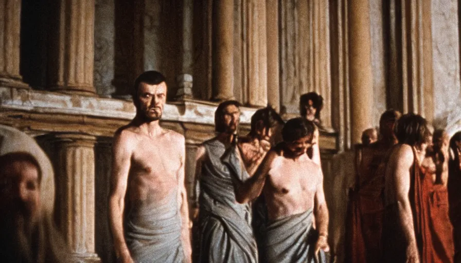 Image similar to movie still by tarkovsky of caligula knifed to death by senators on huge stairs, cinestill 8 0 0 t 3 5 mm, high quality, heavy grain, high detail, dramatic light, ultra wide lens, anamorphic