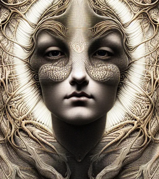 Prompt: detailed realistic beautiful light goddess face portrait by jean delville, gustave dore, iris van herpen and marco mazzoni, art forms of nature by ernst haeckel, art nouveau, symbolist, visionary, gothic, neo - gothic, pre - raphaelite, fractal lace, intricate alien botanicals, ai biodiversity, surreality, hyperdetailed ultrasharp octane render