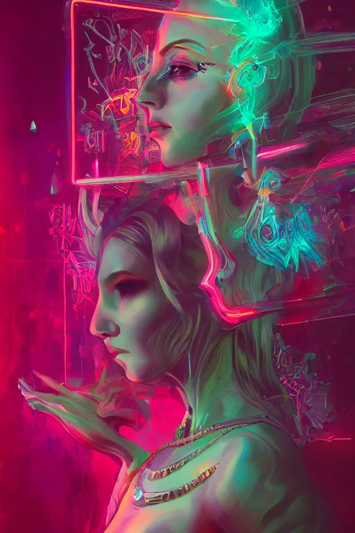 Image similar to photo of surreal goddes of war in neon lighting, elegant, highly detailed, smooth, sharp focus, trippy, dmt, psychedelic, illustration, beautiful, geometric, trending on artstation, cinematic, artwork by WLOP