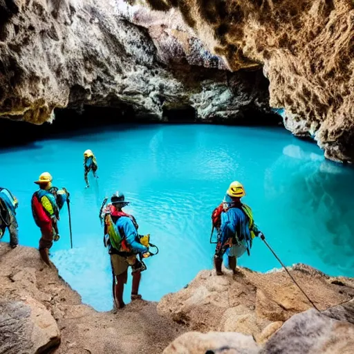 Image similar to photo of spelunkers in caving gear exploring a beautiful majestic cave full of geodes, crystals, and gemstones. there is a natural river of turquoise water. professional journalistic photography from national geographic.
