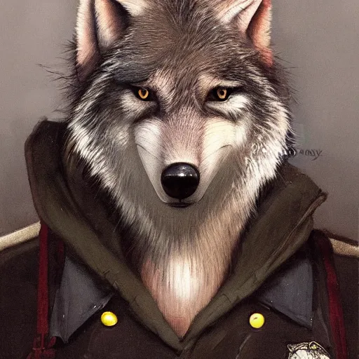 Image similar to new york city portrait of furry anthro anthropomorphic grey wolf head animal person fursona wearing clothes nypd traditional police uniform in the alley, sunny day, digital art by Nerdrum John, William Waterhouse, Winslow Homer, Alex Heywood, Jordan Grimmer, Darren Quach, Greg Rutkowski, Simon Stalenhag, trending on Artstation, CGSociety