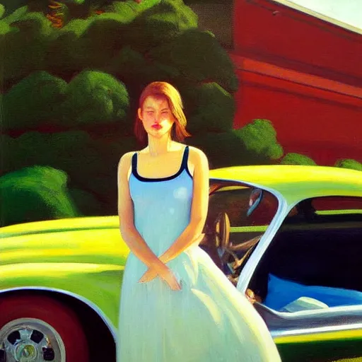 Prompt: Portrait with car, dated a woman that lived on Cooterneck Road, She had a catfish Camero and was cooler than me, by Edward Hopper and Bo Bartlett