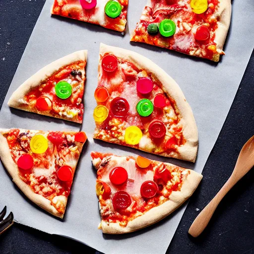 Prompt: Haribo pizza, food photography