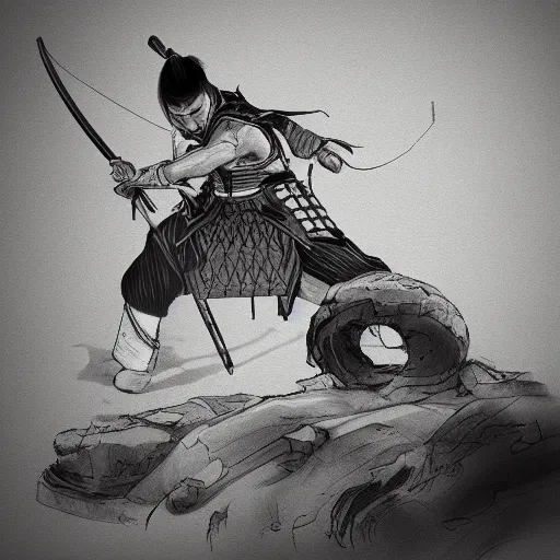 Image similar to 'a sketch to a samurai in ink manga panel ,octane render, artstation , highly detailded'