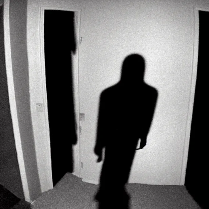 Prompt: cctv footage of a shadowy figure standing in the corner of the room, horror, cosmic horror, lovecraftian, creepy, uncanny, shadows, dark