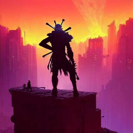 Image similar to a cyberpunk zulu warrior sitting on a cliff watching an enormous city burn!!! from a distance at night, fire!!, by alena aenami and android jones and greg rutkowski, Trending on artstation, hyperrealism, elegant, stylized, highly detailed digital art, 8k resolution, hd, global illumination, radiant light, detailed and intricate cyberpunk ghetto environment, rendered in octane, post processed, wide angle, dynamic portrait