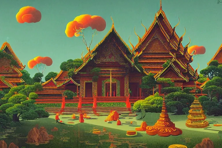 Image similar to summer morning, thai temple, rolling mountain, very coherent and colorful high contrast, art by gediminas pranckevicius, geof darrow, franz sedlacek, dark shadows, hard lighting, ukiyo - e