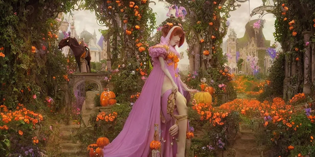 Prompt: fairytale princess played by Eva green with lovely detailed face entering the gates of her majestic palace of flowers , with horse driven , carriage made of pumpkins , epic scene unreal render depth of focus blur hyperrealistic detail Star Wars mucha fantasy art behance