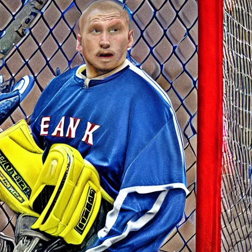 Prompt: Igor shesterkin in goal for the N.Y. Rangers 8k resolution hyperdetailed photorealism HDR