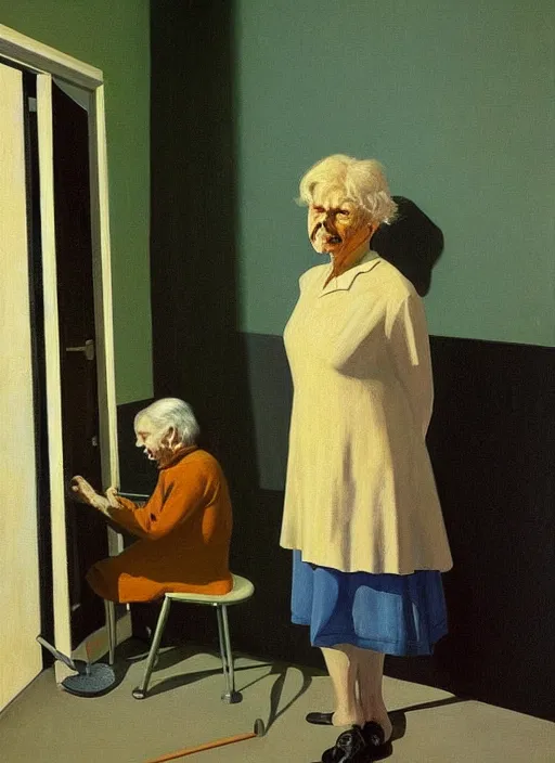 Image similar to orthographic old woman with a cane with hysterical facial expression at the art deco hospital painting by Edward Hopper and James Gilleard, Zdzislaw Beksinski highly detailed