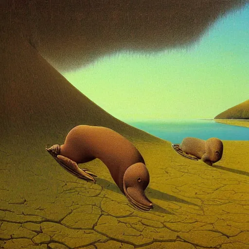 Image similar to platypus on vacation landscape painting by Zdzisław Beksiński