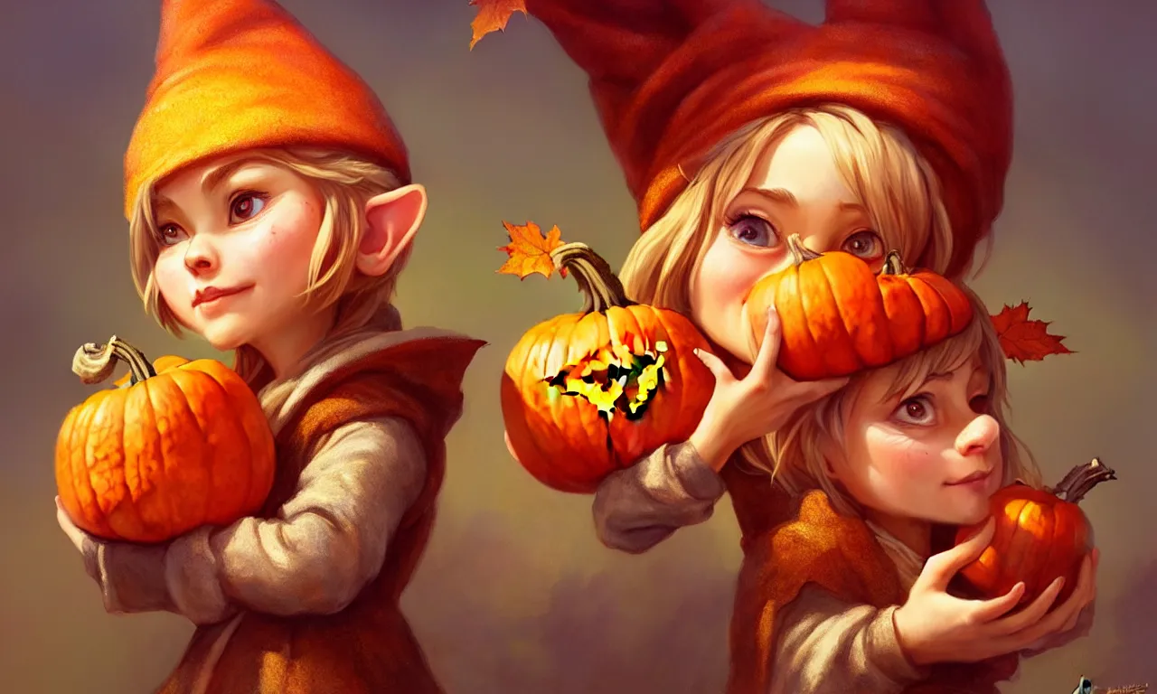 Image similar to hand drawn cute one gnomes face in autumn disguise holding pumpkin, detailed closeup face, concept art, low angle, high detail, warm lighting, volumetric, godrays, vivid, beautiful, trending on artstation, art by artgerm and greg rutkowski and alphonse mucha